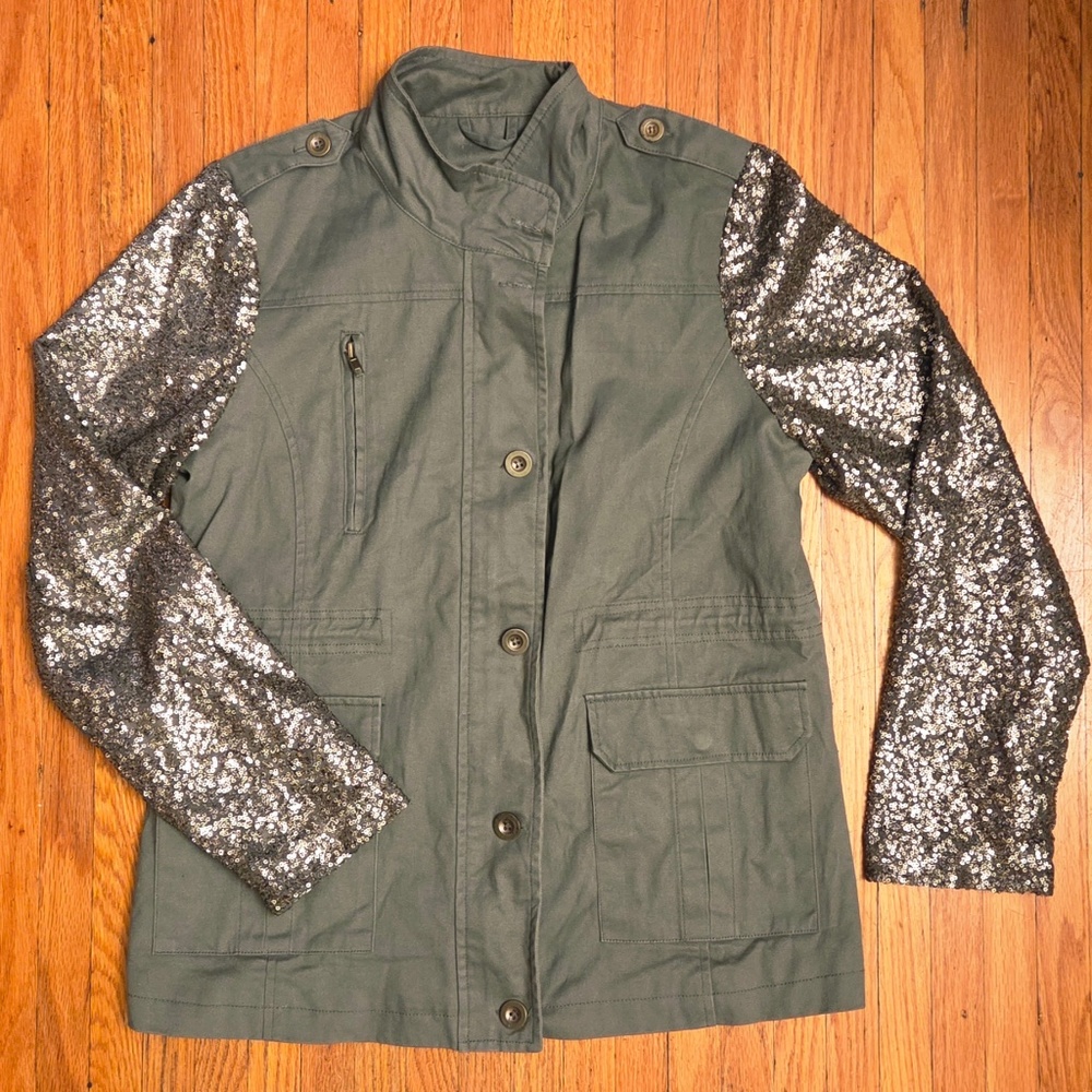 Amazing Jacket! Army OD Green Style Jacket with GOLD SEQUIN SLEEVES!  WOW